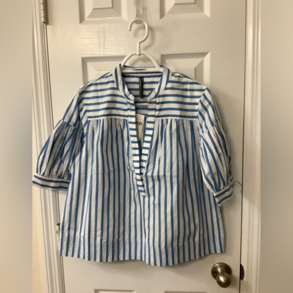 Blue and White Striped Women's Peasant Blouse